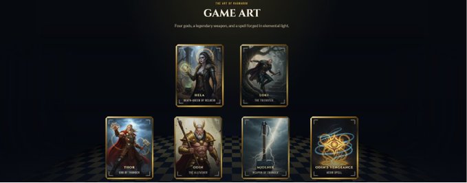 A "GAME ART" portfolio page displays four illustrated trading-card-style character designs labeled BELA (SHE SPEAKS OF WISDOM), YOKU (THE DIVERGER), THOR (TO BE A THRONE), and ORION (THE CLEAVER), along with two additional cards featuring a sword and a sigil, beneath the tagline "Four guilds, a legendary weapon, and a spell forged in elemental light."
