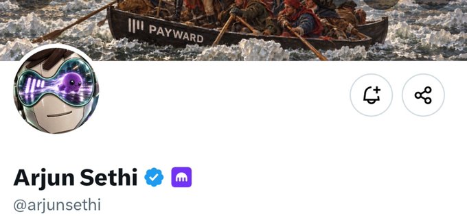 A social media profile header for Arjun Sethi (@arjunsethi), featuring a banner of a boat labeled 'PAYWARD' and a profile picture of an anime-style character wearing futuristic goggles.