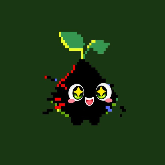A pixel art illustration of a cute, smiling black blob character with star-shaped eyes and green leaves growing from its head, set against a dark green background.