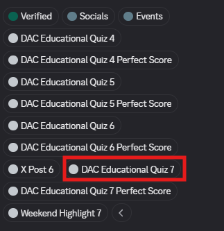 The image shows a list of roles available for completing an educational Quiz, with one of them being "DAC Educational Quiz 7" and another being "DAC Quantum Chain Educational Quiz 8". The role "DAC Educational Quiz 7" is highlighted in red, indicating that it's the current task. The other roles are not highlighted but still available for completion.