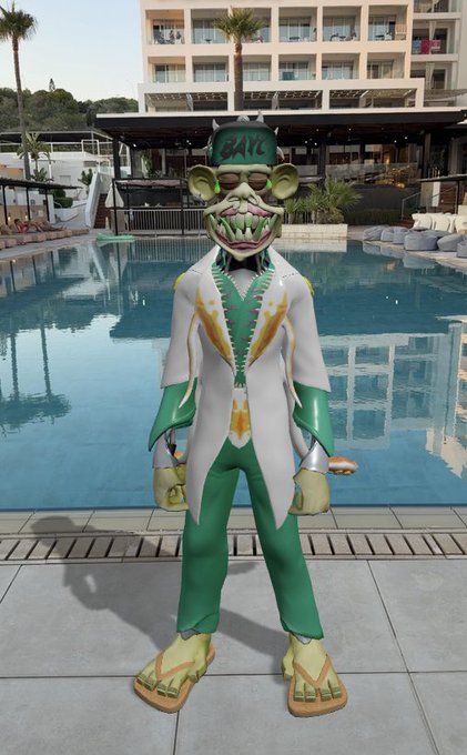A 3D-rendered character wearing a green and white suit with flip-flops and a grotesque grinning mask labeled "GANZ" stands beside a resort pool.