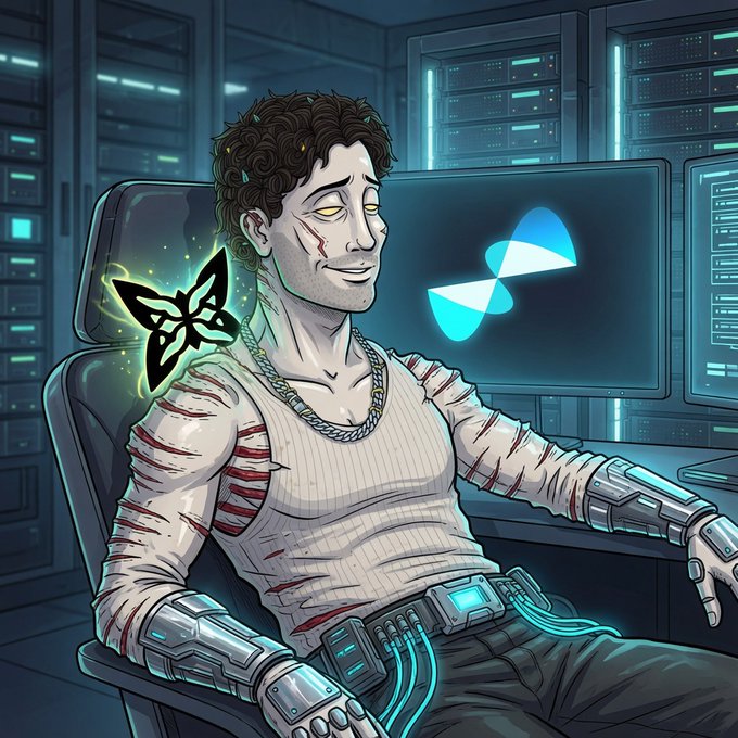 A digital illustration shows a curly-haired man with glowing yellow eyes, bandages wrapping his arms, and a cybernetic exoskeleton strapped to his body, sitting at a computer in a server room with a green butterfly hovering near his shoulder. The monitor displays a "Q" logo (likely referencing Qubit or a similar quantum computing platform), visually echoing the post's themes of testnet optimization, quantum-classical hybrid compute, and late-night node operation.