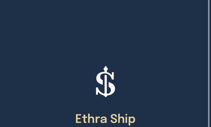 A minimalist dark blue graphic featuring a stylized 'ES' monogram logo with the text 'Ethra Ship' displayed below.