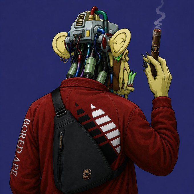 An illustration of a humanoid figure wearing a red 'BORED APE' jacket and a black crossbody bag, holding a cigar in one hand and featuring a complex mechanical/robot head with wires and tubes.