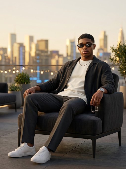Stylized photograph of a young man wearing pixelated sunglasses, a black jacket over a white t-shirt, dark pants, and white sneakers, sitting in a chair on a rooftop with a city skyline at dusk.