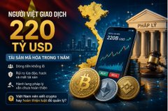 A Vietnamese promotional graphic for cryptocurrency trading advertising 'NGUOI VIET GIAO DICH 220 TY USD' (Vietnamese people traded 220 billion USD) at a site called 'CHAP LY'.