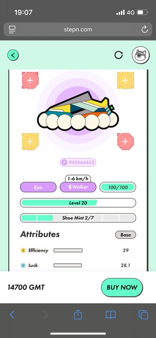 A mobile screenshot from stepn.com displays a Level 20 Epic Walker shoe NFT priced at 14700 GMT with a 'BUY NOW' button.