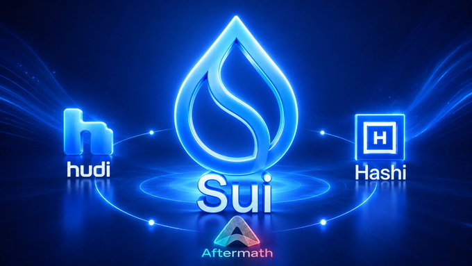 A blue-themed promotional graphic for Sui cryptocurrency featuring the Sui logo in the center, surrounded by logos for 'hudi', 'Hashi', and 'Aftermath'.