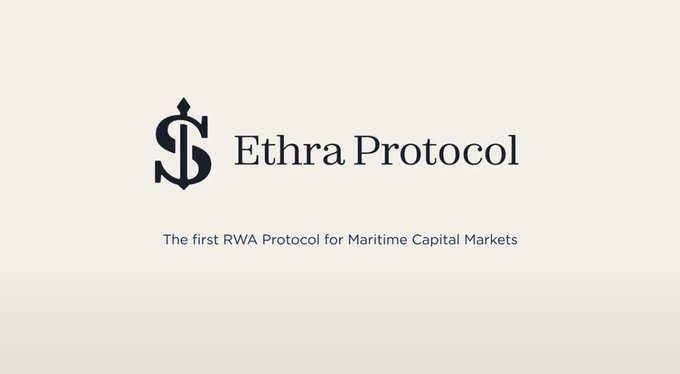 A minimalist logo for 'Ethra Protocol' featuring an anchor-like symbol with the tagline 'The first RWA Protocol for Maritime Capital Markets' on a cream background.