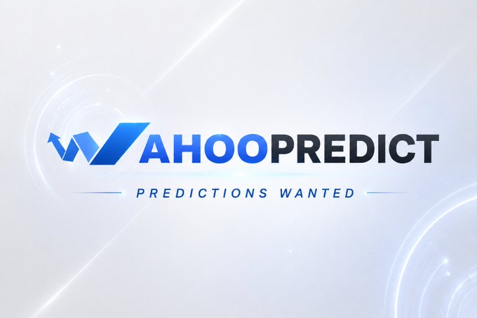 A logo image for 'WAHOOPREDICT' in blue gradient text with the tagline 'PREDICTIONS WANTED' beneath it, set against a light blue background with glowing circular patterns.