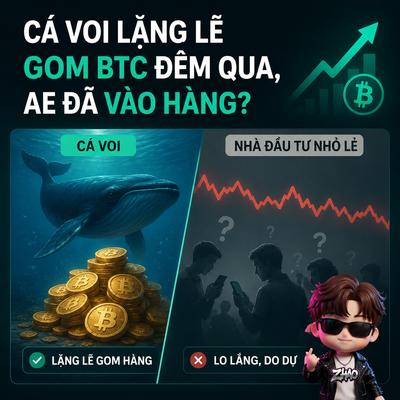 A Vietnamese crypto meme graphic asking 'CÁ VOI LẶNG LẼ GOM BTC ĐÊM QUA, AE ĐÃ VÀO HÀNG?' showing a whale accumulating Bitcoin versus confused small retail investors.
