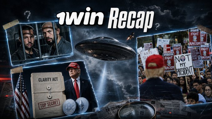 The image is a stylized "1win Recap" graphic featuring a UFO over Earth, photos of a man behind bars, Donald Trump in an "America First" cap, and anti-Trump protest signs ("Fight Racism," "Not My President"), visually tying into the post's satirical commentary about absurd prediction market bets like alien arrivals, meteor strikes, and celebrity matchups.
