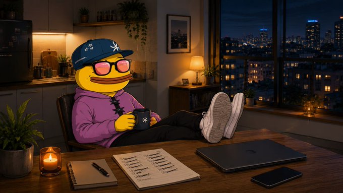 An AI-generated or illustrated scene depicting a yellow duck-like character wearing a purple hoodie, sunglasses, and a baseball cap, relaxing with feet up on a desk at night with a city skyline view.