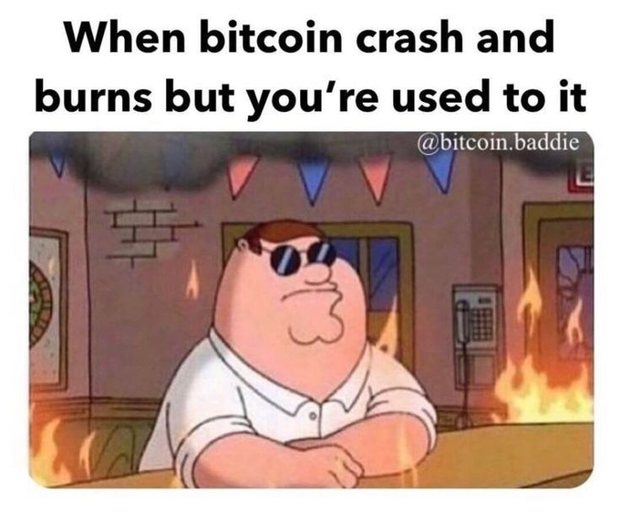 A meme featuring Peter Griffin wearing sunglasses calmly sitting at a bar while the room burns around him, captioned 'When bitcoin crash and burns but you're used to it' with the handle '@bitcoin.baddie'.