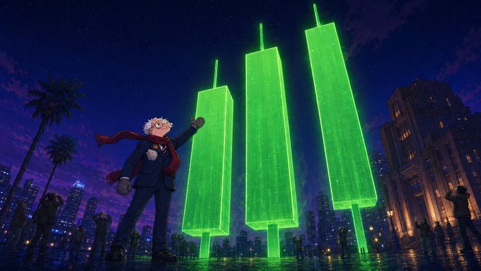 An animated scene of an older man with a white mustache and a red cape standing in front of three giant glowing green bars that resemble stock market or trading chart elements, set against a night cityscape.