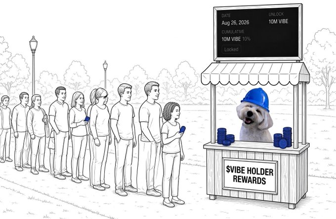 The image depicts a black-and-white line drawing of a long line of people waiting at a booth labeled "$VIBE HOLDER REWARDS," where a dog wearing a blue hardhat distributes stacks of blue coins. A digital display above shows "DATE: Aug 26, 2026," "UNLOCK: 10M VIBE," "CUMULATIVE: 10M VIBE 10%," and "Locked," directly tying to the post's announcement of the first $VIBE holder distribution on August 26 with 10M monthly unlocks from the 100M vested reward pool.