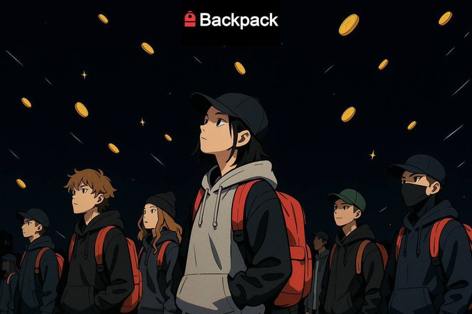 An anime-style illustration shows a group of young people wearing caps and backpacks looking upward at a dark sky filled with falling gold coins and stars, with the "Backpack" logo prominently displayed at the top. The imagery visually reinforces the post's theme of Backpack evolving beyond its reputation as a simple browser extension wallet, depicting a community of users collectively observing and catching the falling crypto coins—symbolizing new opportunities and the platform's transformation into a broader ecosystem encompassing self-custody and additional services.