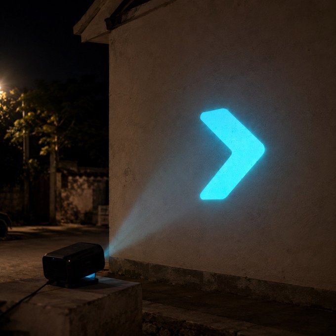 A small projector on a concrete ledge casts a bright cyan right-pointing arrow onto a wall at night, visually guiding viewers "to follow the arrow" as the post directs toward entering Web3.