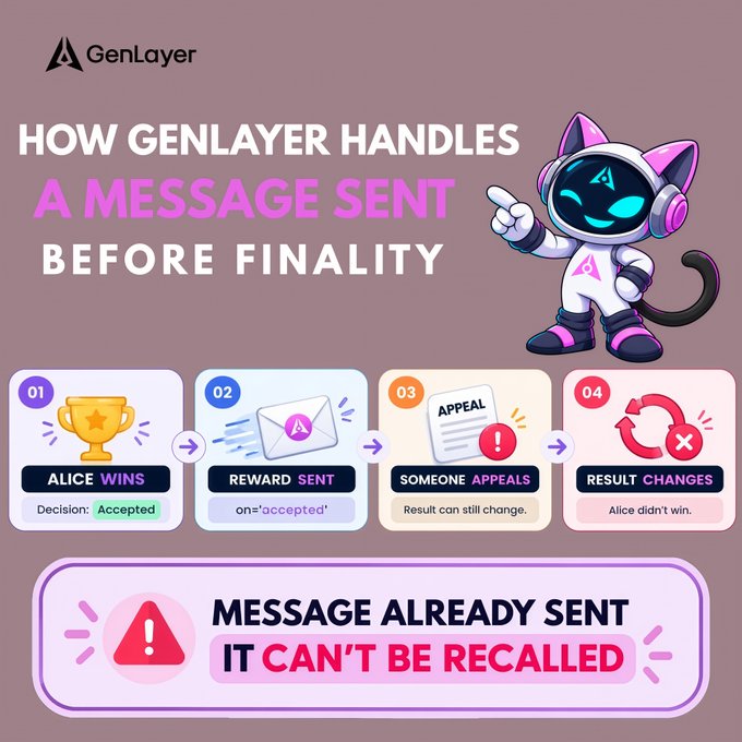 An infographic by GenLayer titled 'HOW GENLAYER HANDLES A MESSAGE SENT BEFORE FINALITY' illustrates a 4-step process with a cartoon cat mascot, warning that 'MESSAGE ALREADY SENT IT CAN'T BE RECALLED.'