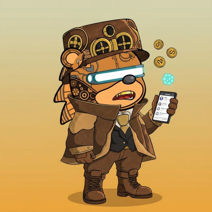 A cartoon illustration of a steampunk character wearing a top hat and futuristic glasses, holding a smartphone with a blue hologram and floating coins.