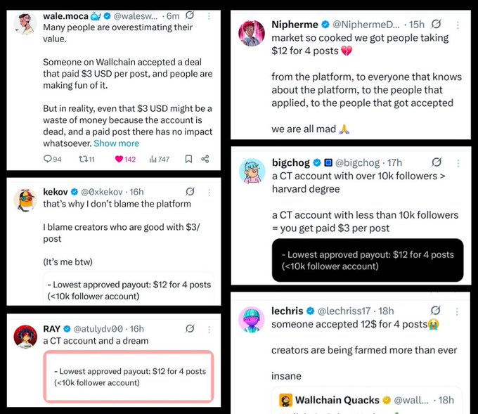 The image shows several posts related to wallchain, with some of the posts discussing the intern's worthiness for a raise or an announcement about campaign selections. The posts also include mentions of social engineering tactics used by the intern to gain followers' attention.
