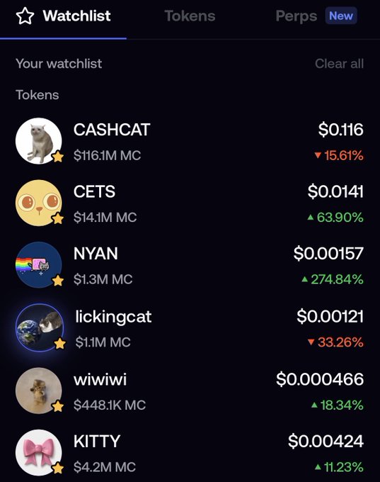 A crypto watchlist displaying meme tokens (CASHCAT, CETS, NYAN, lickingcat, wiwiwi, KITTY) with prices and market caps, where most are showing gains (CETS +63.90%, NYAN +274.84%, KITTY +11.23%), aligning with the post's bullish "Cat szn" sentiment of expecting 10x returns on cat-themed tokens.