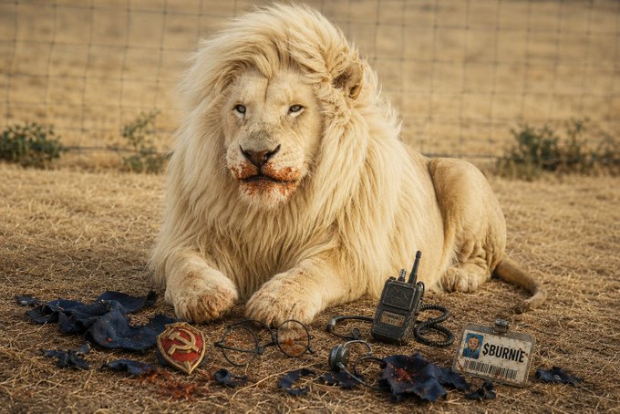 A white lion rests on dry ground next to scattered items including a hammer and sickle badge, a walkie-talkie, an ID card labeled 'SOUVENIR', and a tattered dark cloth.