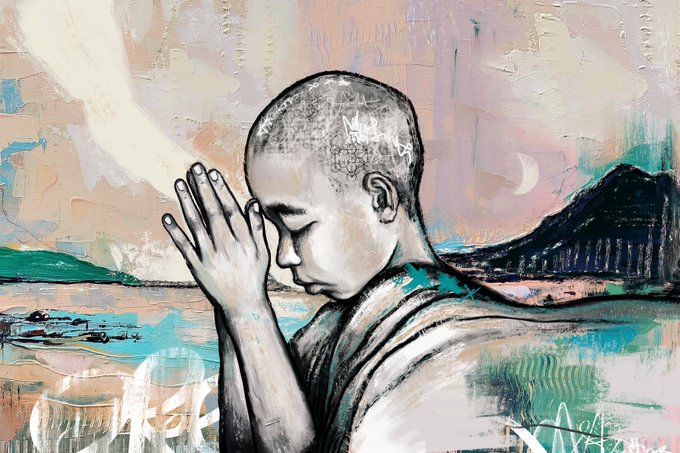 The image is a mixed-media painting depicting a shaved-headed figure in prayer or contemplation with hands pressed together, set against a dreamy landscape of mountains and sky. The accompanying text "Art helps Transient.xyz/@Oleski" suggests the piece supports an art initiative, aligning with the contemplative and meditative mood conveyed by the artwork.