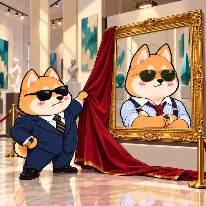A cartoon illustration of a Shiba Inu dog in a suit unveiling a portrait of itself wearing sunglasses in an art gallery.