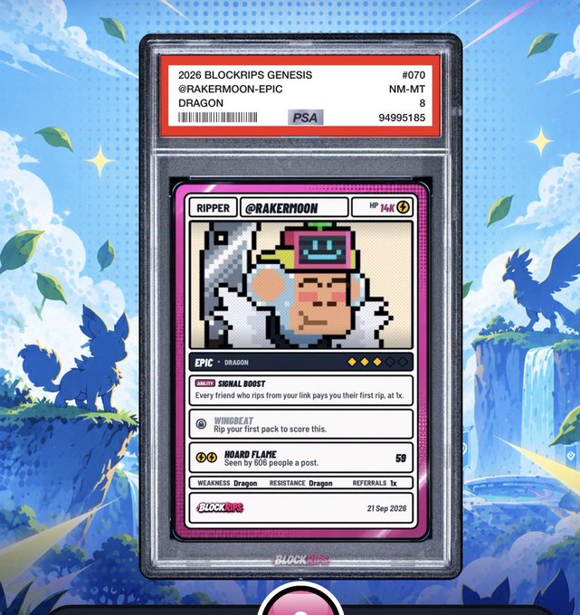 A PSA-graded NM-MT 8 "Ripper @RakerMoon-EPIC" Dragon card (#070) from the 2026 Blockrips Genesis set, featuring pixel art of a character in a VR headset with attacks "Signal Boost," "Wingbeat," and "Hoard Flame," displayed against a fantasy landscape with silhouetted Pokémon-like creatures.
