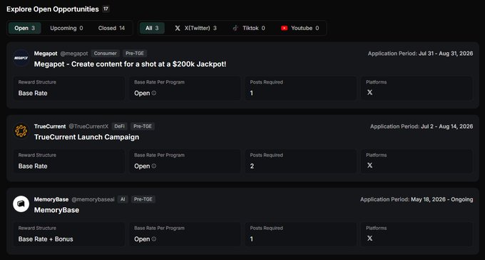 A screenshot of a 'Explore Open Opportunities' page listing three campaigns: 'Megapot - Create content for a shot at a $200k Jackpot!', 'TrueCurrent Launch Campaign', and 'MemoryBase', showing their reward structures and application periods.
