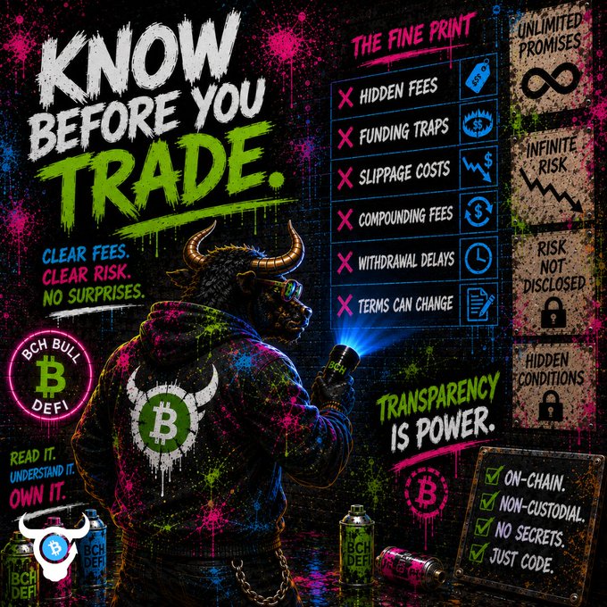 A 'Know Before You Trade' promotional graphic featuring a horned bull character, highlighting issues like hidden fees, funding traps, and risk not disclosed, alongside 'BCH DeFi' branding.