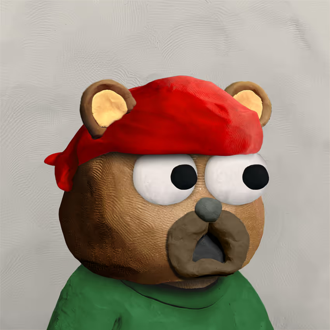 A 3D-rendered brown bear character wearing a red bandana and a green shirt with wide, expressive eyes.