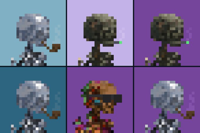 Six-panel pixel art sprite sheet showing a smoking skeletal figure in various color variations, with one panel depicting a diseased zombie version.