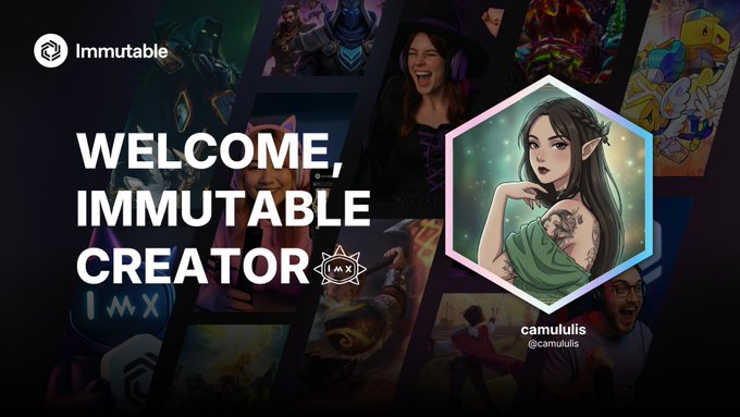 A promotional banner for Immutable reading 'WELCOME, IMMUTABLE CREATOR IMX,' featuring an anime-style elf character portrait with the handle 'camuliis @camulis.'
