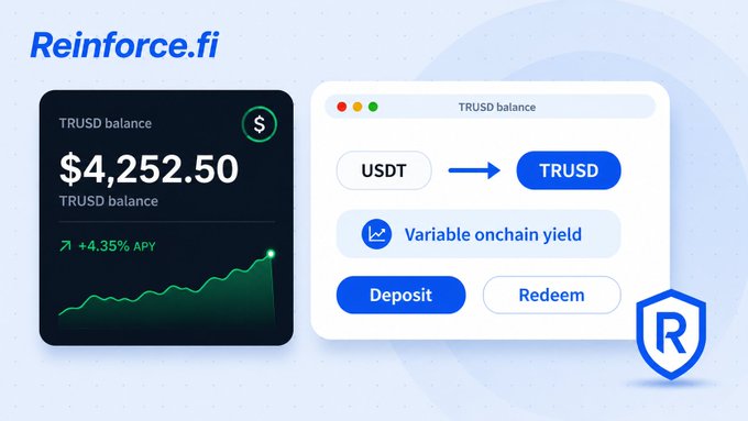 Marketing image for 'Reinforce.fi' showing a TRUSD balance of $4,252.50 with +4.35% APY, featuring a conversion interface from USDT to TRUSD with variable onchain yield, and Deposit/Redeem buttons.