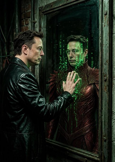 A digital painting of Elon Musk in a black leather jacket pressing his hand against a glass mirror, which reflects an alternate version of him in red armor being consumed by green digital code.