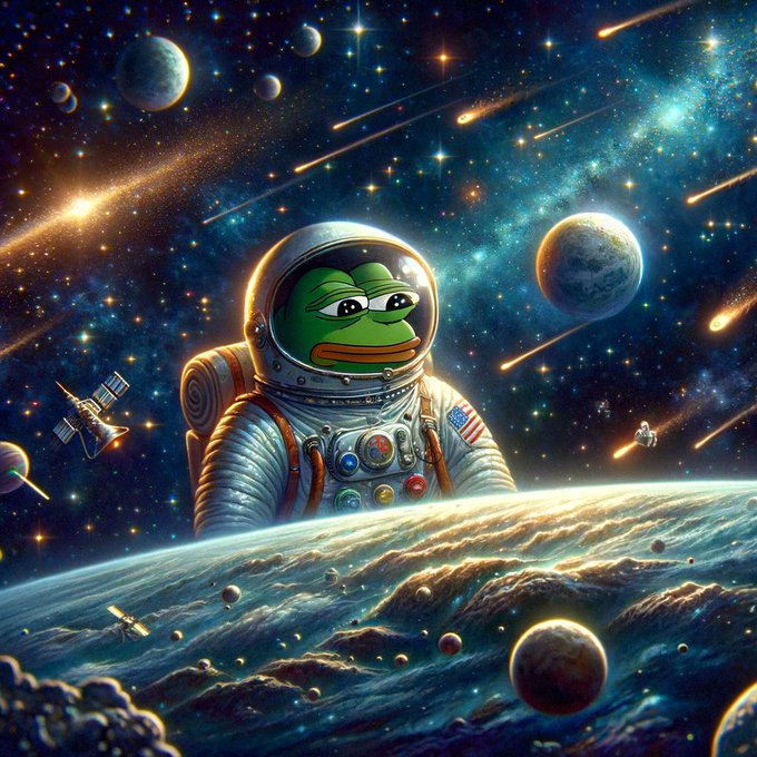 A digital artwork depicting the Pepe the Frog meme wearing an astronaut suit in space, surrounded by planets, stars, and meteors, with a satellite visible to the left.