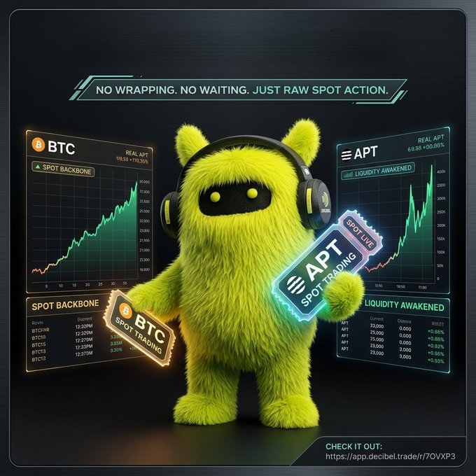 A promotional image for cryptocurrency spot trading featuring a fuzzy green character wearing headphones, displaying charts for BTC and APT with the text 'NO WRAPPING. NO WAITING. JUST RAW SPOT ACTION.'