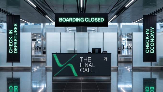 An airport check-in area features a digital display reading 'BOARDING CLOSED' above a counter branded 'THE FINAL CALL,' flanked by signs for 'CHECK-IN DEPARTURES' and 'CHECK-IN ECONOMY.'