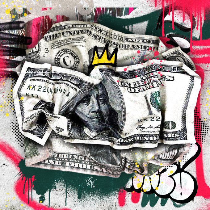 A graffiti-style street art piece featuring crumpled US dollar bills with a gold crown drawn on top, alongside red and green paint splatters.