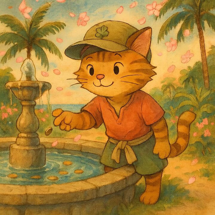The image features a cartoon cat wearing a green hat, standing next to a fountain with pink flowers surrounding it. The cat appears to be reaching out towards something or someone, possibly a coin that has fallen into the water. The background of the image is filled with palm trees and other tropical elements, creating an atmosphere reminiscent of a warm, sunny location like a beach or a tropical island. The caption for this image reads: "Tropical mode: gm energy. $CWIF #catwifhat".