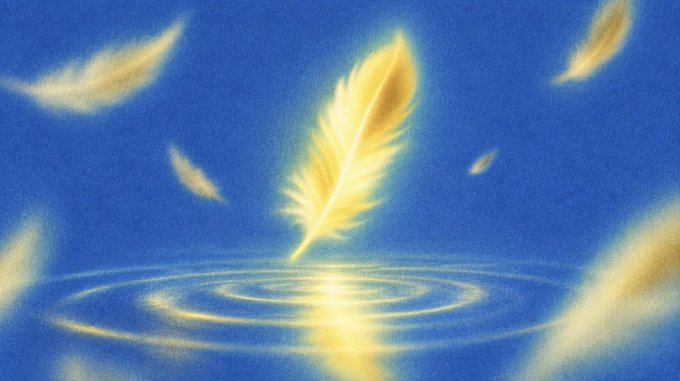 A glowing golden feather floats above rippling water against a deep blue sky, surrounded by softly blurred feathers—evoking a sense of lightness and elegance that visually complements the message announcing the live launch of the Assay.lol website and warning users to beware of fake $ASSAY tokens.