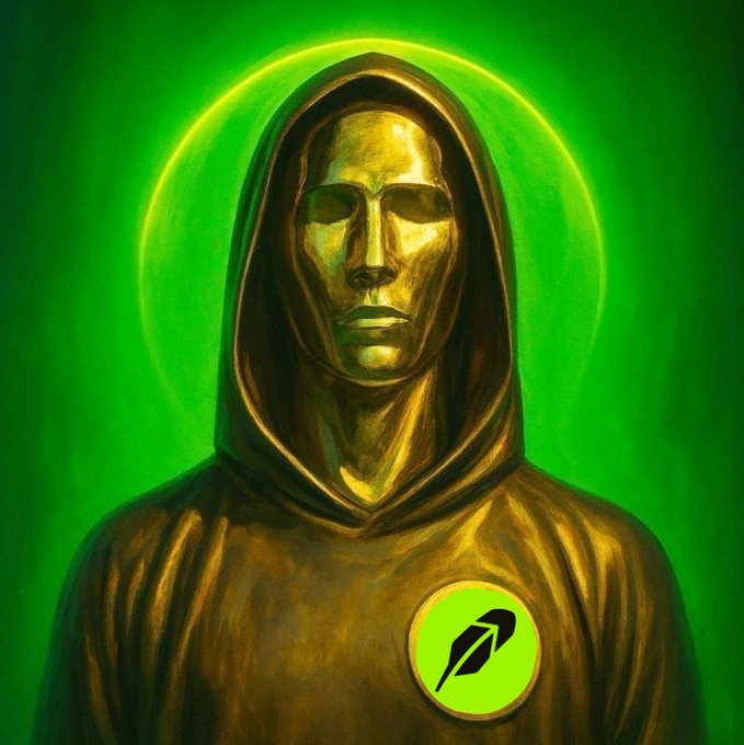 A digital painting of a hooded golden statue-like figure with a featureless face, set against a glowing green halo background, featuring a green leaf logo emblem on the chest.