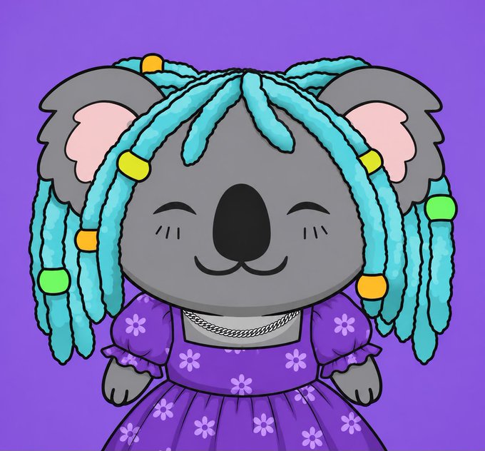 A digital illustration features a cartoon koala with teal and grey dreadlocks adorned with colorful beads, wearing a purple floral dress against a solid purple background.