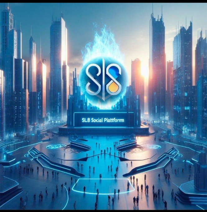 A futuristic cityscape centers on a glowing "SL8" logo surrounded by flames, with "SL8 Social Platfrom" [sic] displayed on a platform below, surrounded by crowds in a high-tech plaza—visually reinforcing the post's message of SL8 as a multifaceted crypto and social platform on the Stellar Network.