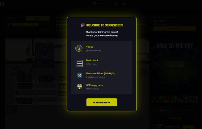 The image shows a screenshot of a welcome screen for a new SerpenCoin game, with a bright yellow background. The welcome screen features various buttons and information that guide players through the process of joining the new server coin community. It also announces the arrival ofSerpenCoin! in the New Era of Serpening coins and highlights essential details such as a 15 SC welcome bonus, basic rig (3), Airdrop Miner, 50 GH/s mining passive from minute 1, 2 energy bars, 1 Mini Battery start mining actively at minute 0, and a focus on what is in the image.