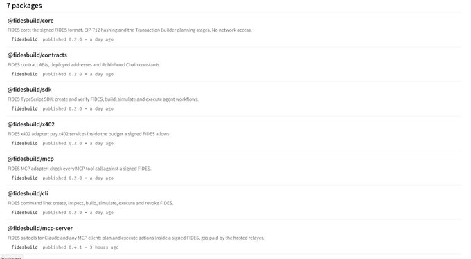 Screenshot of the npmjs.com package listing page showing 7 packages under the @fides scope, including @fidesbuild/core (v0.2.0), @fidesbuild/sdk (v0.2.0), and @fidesbuild/cli (v0.1).