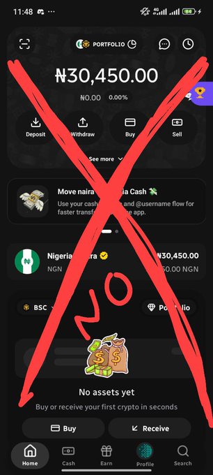A screenshot of the Celia Wallet app shows a portfolio balance of ₦30,450.00 with "No assets yet," crossed out with a large red "X," illustrating the user's complaint of being unable to withdraw their deposited funds despite the transaction being marked successful.