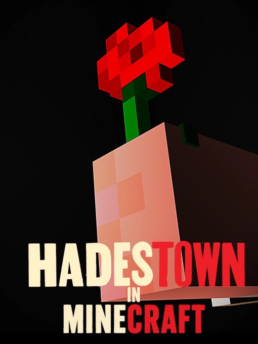 A promotional graphic with the text "HADES TOWN IN MINECRAFT" over a Minecraft-style rose on a black background.